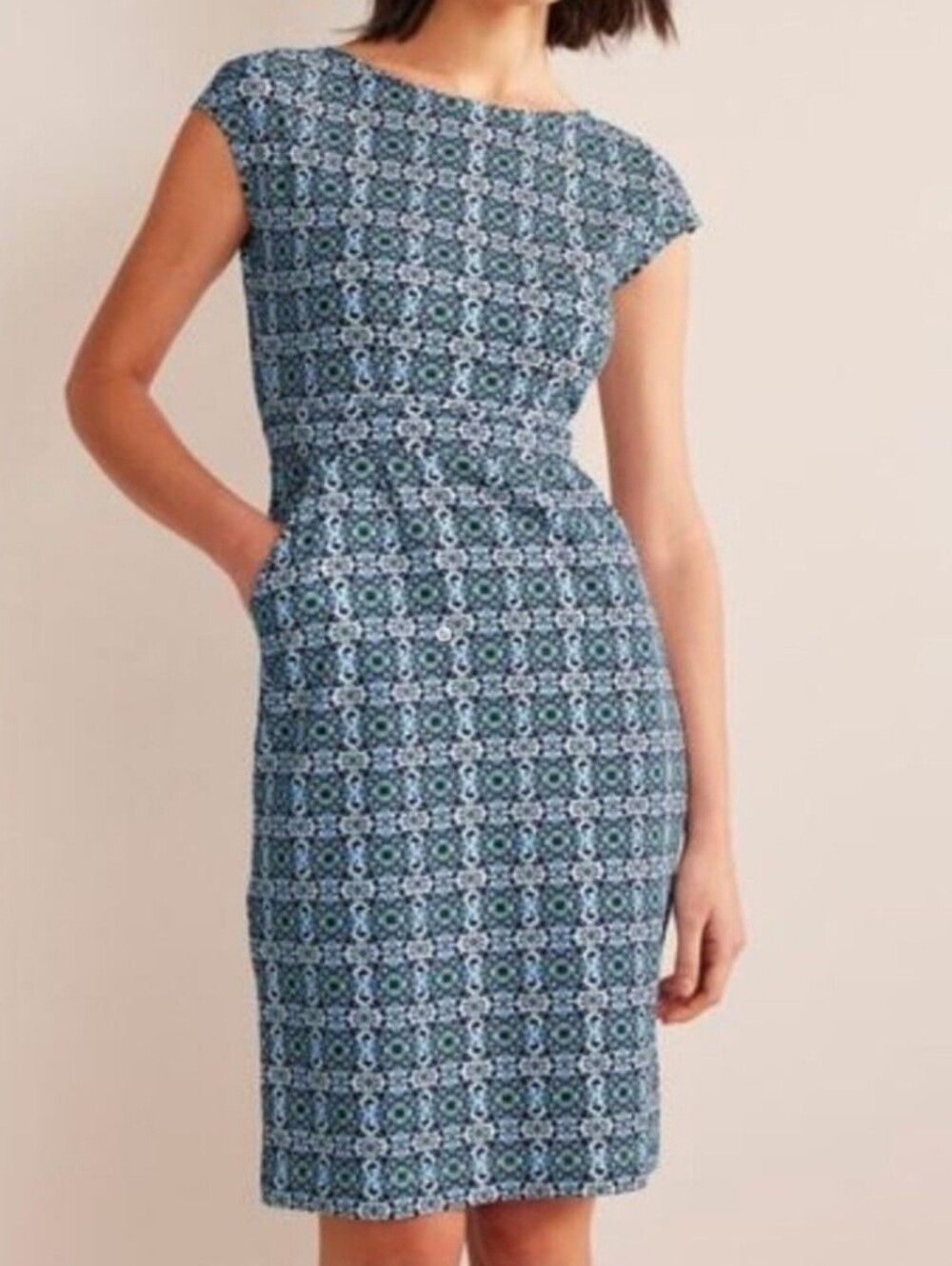 BODEN Florrie Jersey Midi Dress In A Blue, White & Green Geometric Floral Print